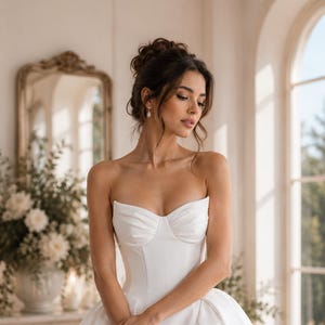 Op de afbeelding: Een strapless witte trouwjurk met een gestructureerd, geplooid lijfje in hartvorm en een volumineuze rok die tot op de grond valt. De japon is gemaakt van een gladde, effen witte stof met een strak ontwerp en een duidelijk gedefinieerde taille.