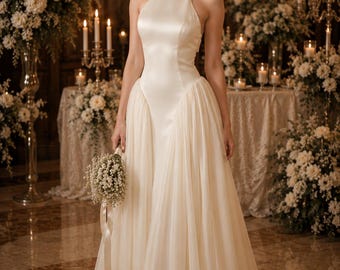 Abito da sposa in seta con scollo all'americana, abito da sposa minimalista in raso, elegante abito da sposa avorio, semplice abito da sposa per la spiaggia, abito da ricevimento personalizzato