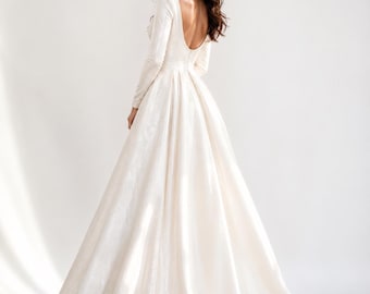 Minimalist Crepe Wedding Dress, Square Neck A-Line Bridal Gown, Cap Sleeve Handmade Bride Dress
