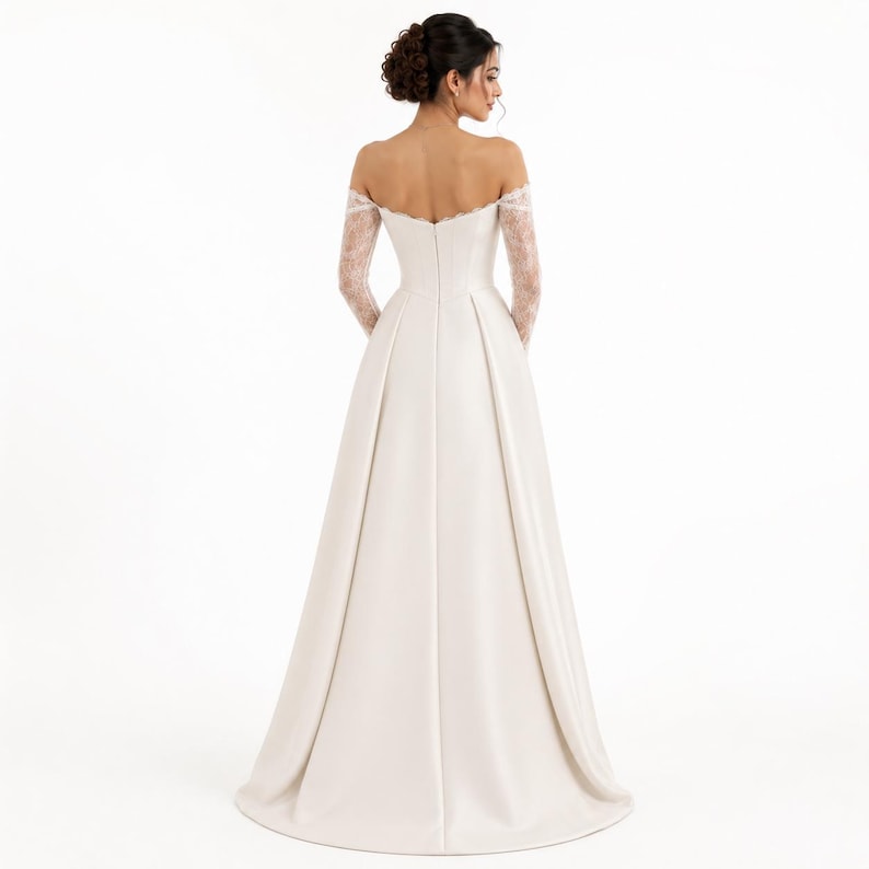 Off-Shoulder Mikado Satin A-Line Wedding Dress with Train, Elegant Bridal Gown image 2