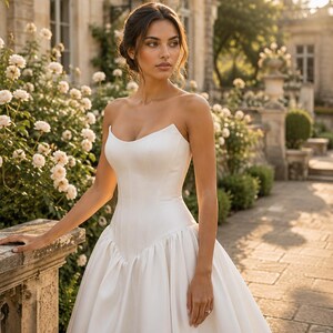 Pu&ograve; includere: Un abito bianco senza spalline caratterizzato da un corpetto aderente con scollo a cuore e una gonna voluminosa e arricciata. L'abito &egrave; realizzato in un tessuto liscio simile al raso che crea una silhouette pulita e strutturata dalla vita in gi&ugrave;.