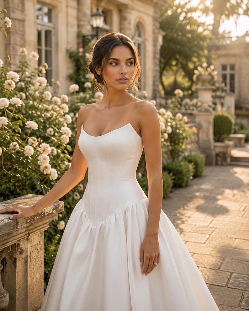 Pu&ograve; includere: Un abito bianco senza spalline caratterizzato da un corpetto aderente con scollo a cuore e una gonna voluminosa e arricciata. L'abito &egrave; realizzato in un tessuto liscio simile al raso che crea una silhouette pulita e strutturata dalla vita in gi&ugrave;.