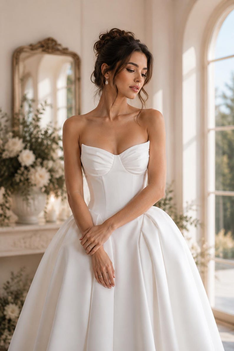 Op de afbeelding: Een strapless witte trouwjurk met een gestructureerd, geplooid lijfje in hartvorm en een volumineuze rok die tot op de grond valt. De japon is gemaakt van een gladde, effen witte stof met een strak ontwerp en een duidelijk gedefinieerde taille.