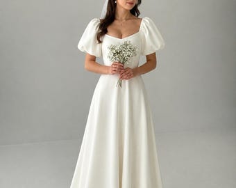 Elegant Modest Bridal Dress | Ivory Fairycore Wedding Gown | Puffy Sleeve A-Line Wedding Dress