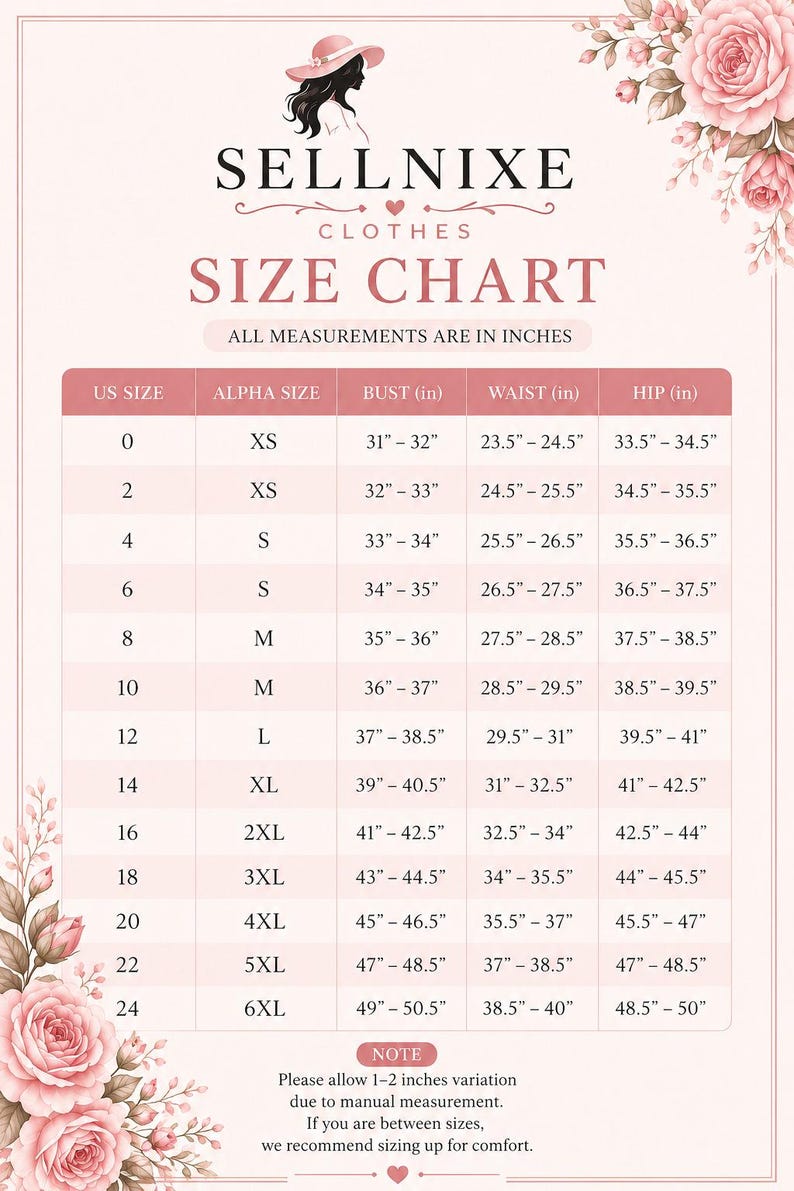 Pu&ograve; includere: Una tabella delle taglie di abbigliamento Sellnixe con sfondo rosa chiaro e dettagli floreali. La tabella elenca le taglie statunitensi da 0 a 24, le taglie alfa da XS a 6XL e le misure di busto, vita e fianchi in pollici. Include una nota.