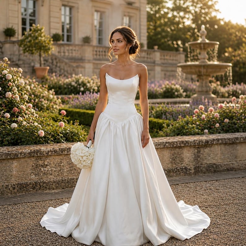 Pu&ograve; includere: Un abito lungo in raso bianco caratterizzato da un corpetto senza spalline con scollo curvo e vita aderente che si apre in un'ampia gonna plissettata. L'abito &egrave; abbinato a un bouquet rotondo di rose bianche tenuto in una mano.