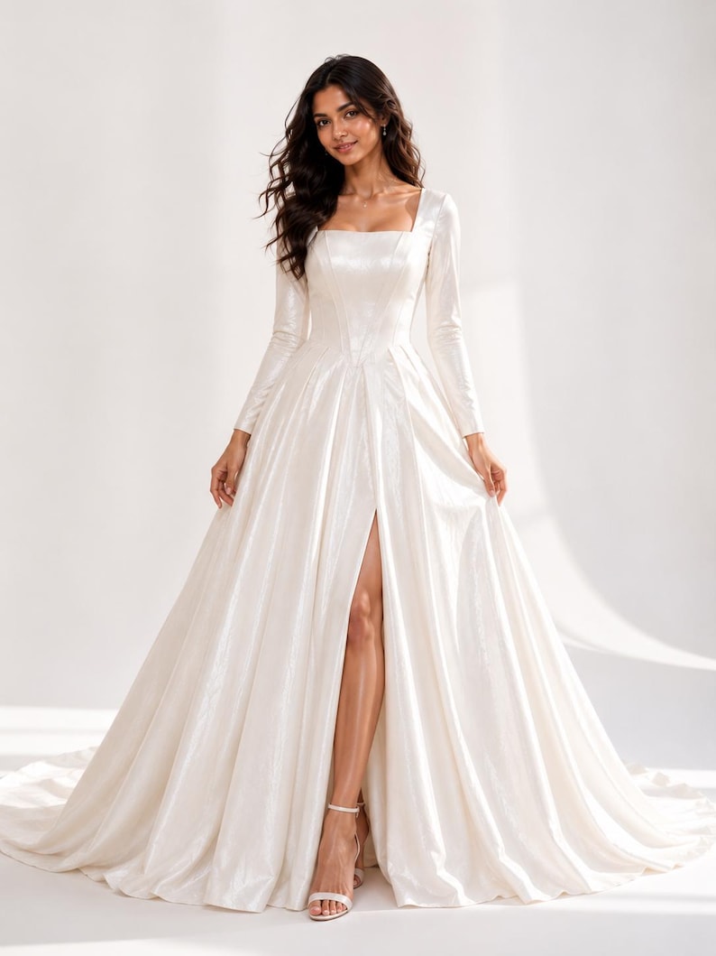 May include: A floor-length white gown with a square neckline and long sleeves. The dress features a fitted bodice with vertical seams and a full, flowing skirt that includes a high front slit, revealing the leg. The fabric has a subtle sheen.