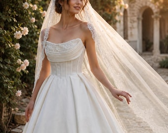 Royal Inspired Ivory Wedding Dress – Pearl Embellished Corset & Structured Basque Waist Gown