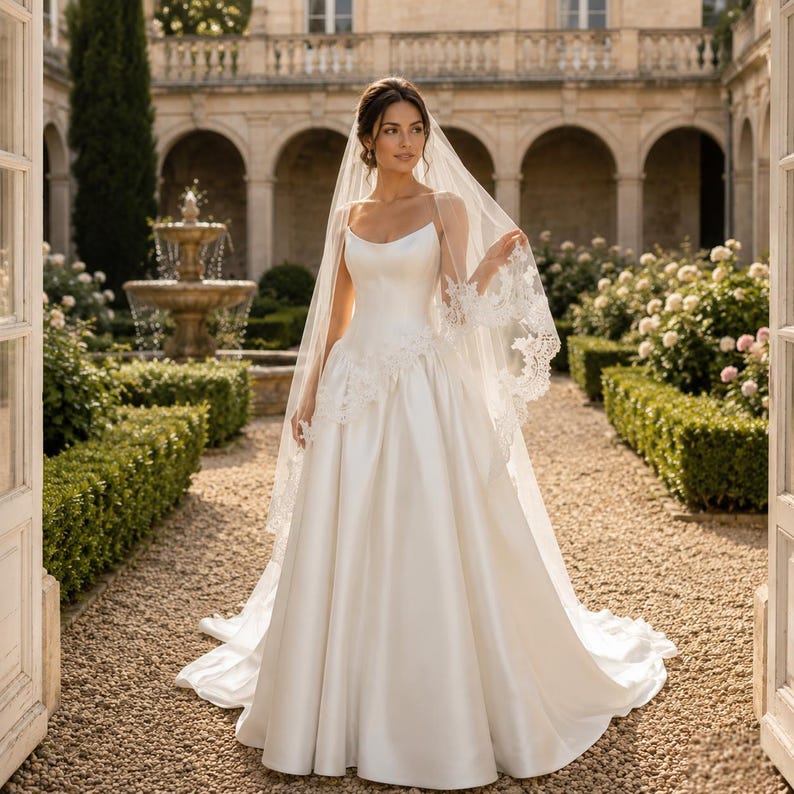 Pu&ograve; includere: Un abito da sposa in raso color avorio lungo fino a terra con scollo rotondo, spalline sottili e gonna ampia a trapezio. Un velo trasparente, anch'esso lungo fino a terra, con un intricato bordo in pizzo floreale bianco, copre le spalle.