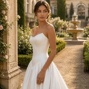 Pu&ograve; includere: Un abito da sposa bianco senza spalline con scollo a cuore, un corpetto aderente con vita a forma di V e una gonna ampia e lunga fino a terra realizzata in tessuto liscio e tinta unita. L'abito presenta un design pulito e strutturato senza decorazioni.
