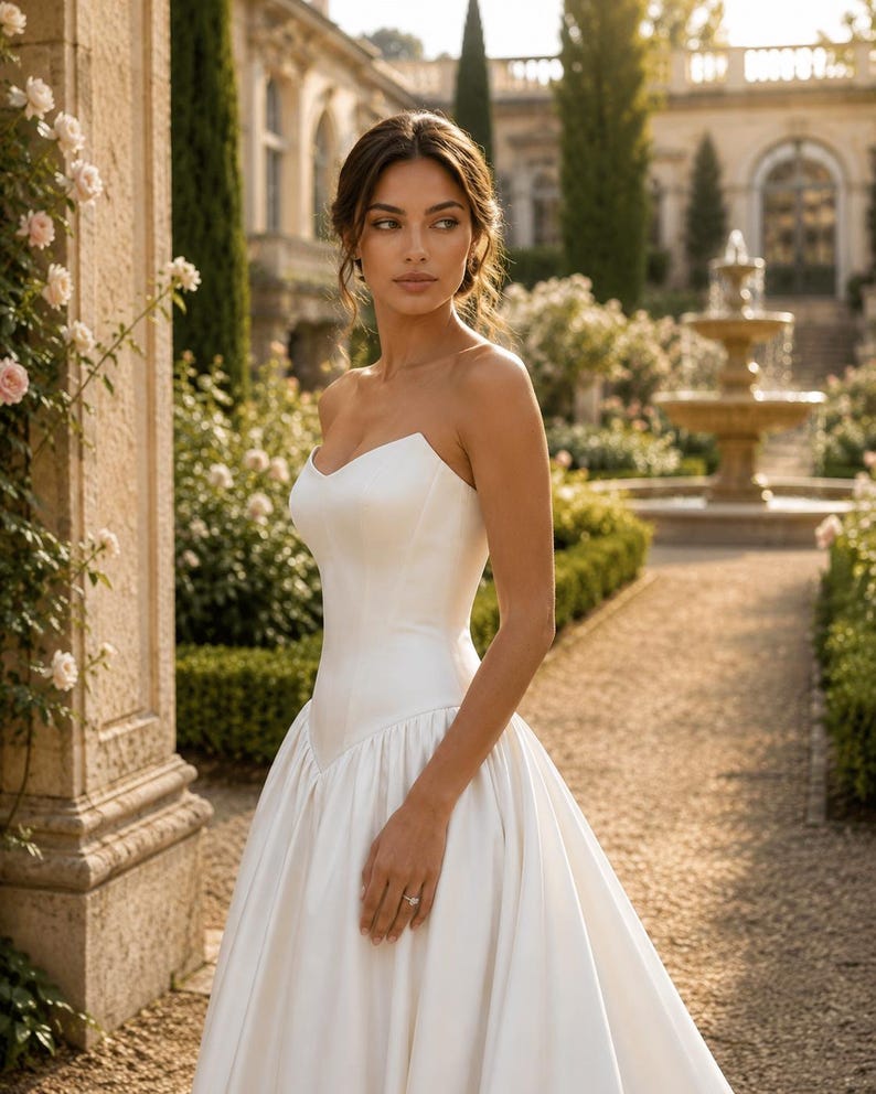 Pu&ograve; includere: Un abito da sposa bianco senza spalline con scollo a cuore, un corpetto aderente con vita a forma di V e una gonna ampia e lunga fino a terra realizzata in tessuto liscio e tinta unita. L'abito presenta un design pulito e strutturato senza decorazioni.