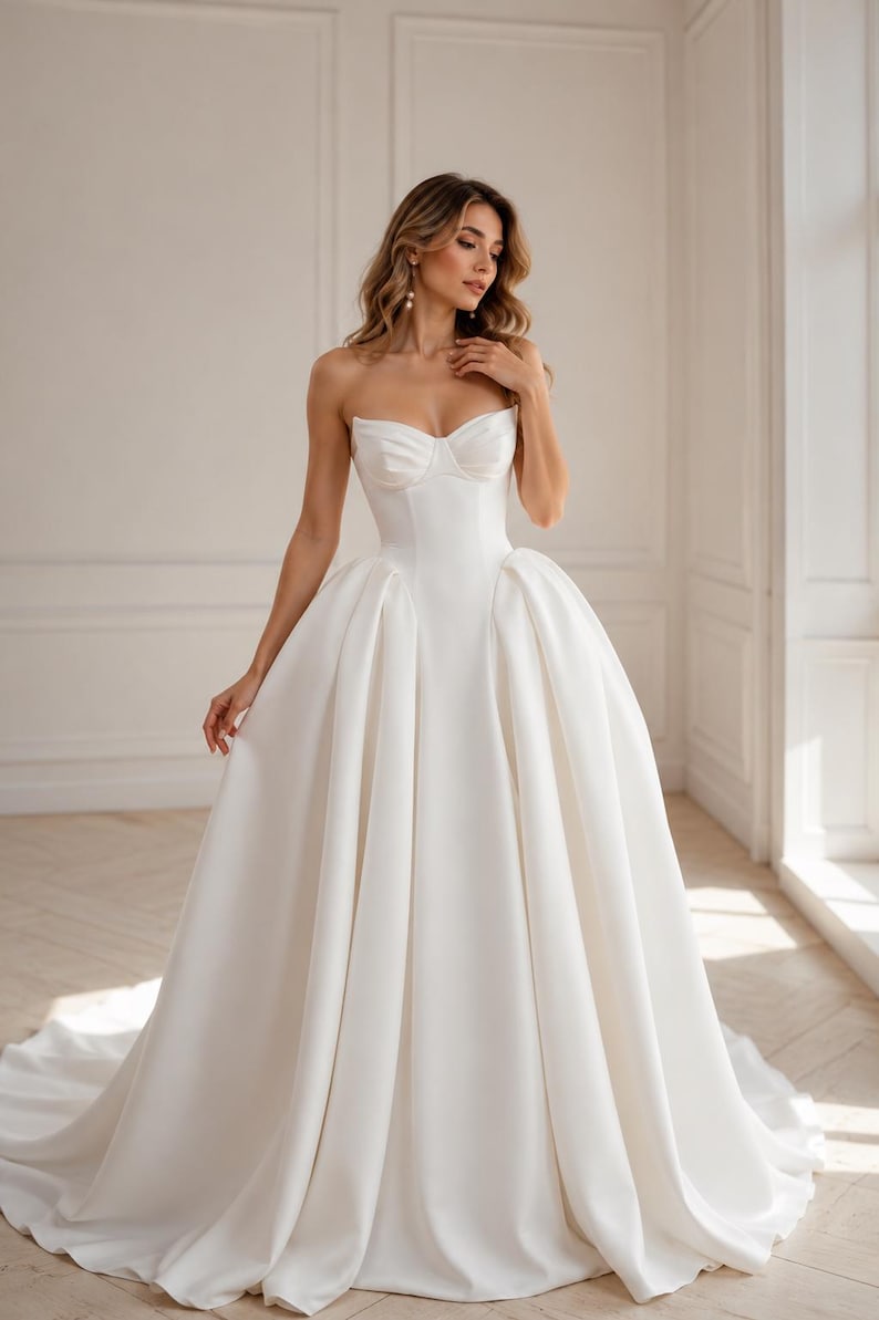 Op de afbeelding: Een vloerlange witte strapless trouwjurk met een gestructureerd sweetheart-lijfje met zichtbare naaddetails en een volumineuze, geplooide rok die vanaf de taille uitloopt in een volle, slepende rok gemaakt van gladde, effen stof.