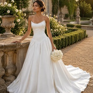 Pu&ograve; includere: Un abito da sposa bianco senza spalline che arriva a terra, con corpetto aderente e gonna ampia e plissettata che si estende in uno strascico. L'abito presenta uno scollo a cuore e una finitura satinata, abbinato a un bouquet di rose bianche.