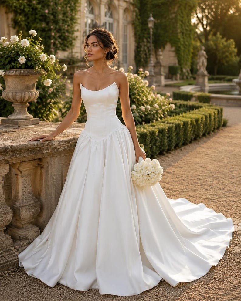 Pu&ograve; includere: Un abito da sposa bianco senza spalline che arriva a terra, con corpetto aderente e gonna ampia e plissettata che si estende in uno strascico. L'abito presenta uno scollo a cuore e una finitura satinata, abbinato a un bouquet di rose bianche.