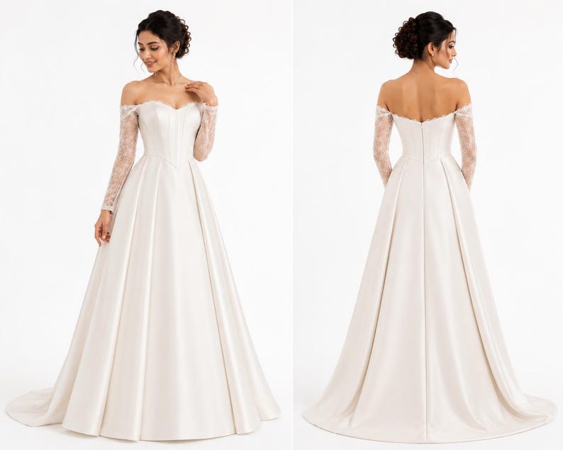 May include: An off-the-shoulder floor-length gown in ivory satin featuring long, sheer lace sleeves and a sweetheart neckline. The bodice is fitted with a structured waistline, transitioning into a full, pleated skirt with a train.