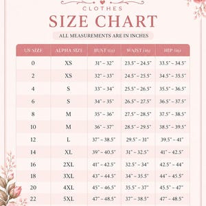 May include: A Sellnixe clothes size chart with a light pink background and floral accents. The table lists US sizes 0 through 24, corresponding alpha sizes from XS to 6XL, and bust, waist, and hip measurements in inches. Text includes a note on sizing.