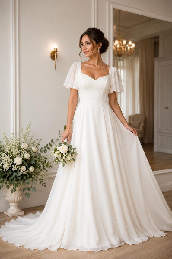 flutter sleeve a line wedding dress Romantic Ivory Dress, A-line Bridal Gown With Soft Sleeves Flowing Sleeve Bridal