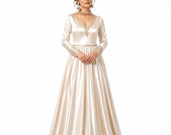 Satin Silk A-Line Wedding Gown, Full-Sleeve Vintage Bridal Dress