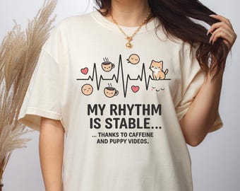 Funny Nurse Cat Shirt Comfort Colors 1717, Caffeine Puppy Videos Tee, Cute ECG Graphic Gift for Healthcare Staff