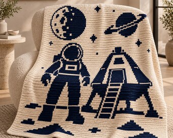 Patrón de manta de ganchillo espacial, patrón de mosaico de superposición de astronauta en PDF, manta de mosaico celestial