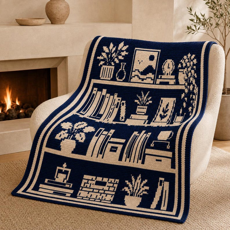 May include: A dark blue and cream crochet blanket featuring a repeating bookshelf pattern. The design includes rows of books, potted plants, framed art, and decorative objects. The blanket has a thick border and a textured, woven appearance.