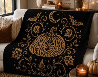 Halloween Folk Art Pumpkin Overlay Mosaic Crochet Blanket Pattern PDF, Spooky Fall Afghan, Gothic Autumn Decor Throw