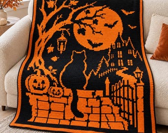 Patrón de manta de ganchillo con mosaico superpuesto de Halloween, PDF de ganchillo espeluznante de casa embrujada