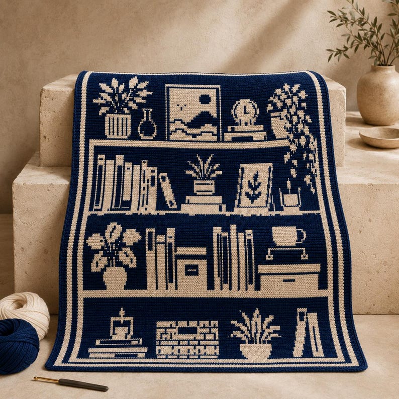 May include: A dark blue and cream crocheted blanket featuring a bookshelf pattern. The design displays three shelves filled with various items including potted plants, books, a framed picture, a clock, and a coffee mug, all rendered in a two-tone graphic style.
