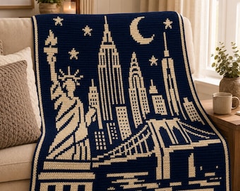 Patrón de mosaico de ganchillo con superposición de luces de la ciudad de Nueva York, manta con el horizonte de Nueva York, manta afgana del puente de Brooklyn, manta de ganchillo moderna