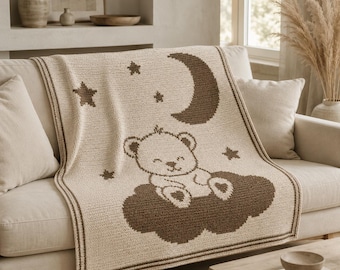 Baby Bear Moon Overlay Mosaic Crochet Blanket Pattern, Teddy Bear Nursery Blanket, Two Color Crochet Chart, Digital PDF
