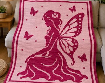 Patrón de manta de ganchillo con mosaico de hadas, manta afgana de ganchillo con mosaico superpuesto, patrón de manta de hadas mariposa, gráfico de ganchillo de fantasía