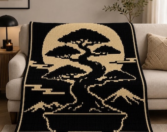 Patrón de ganchillo en PDF con mosaico superpuesto de luna bonsái / Manta bonsái japonesa / Manta de ganchillo Japandi / Gráfico de manta lunar