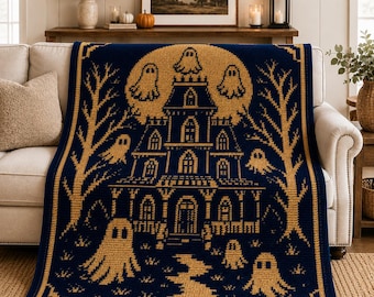 Haunted Manor Overlay Mosaic Crochet Pattern, Halloween Blanket Pattern, Gothic Haunted House Afghan