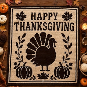Puede incluir: Un tapiz rectangular de ganchillo con fondo beige y detalles en marrón oscuro. El diseño muestra el texto HAPPY THANKSGIVING, una silueta central de pavo, dos calabazas y hojas de arce enmarcadas por un borde de color marrón oscuro.