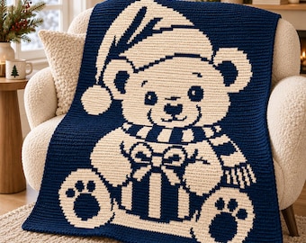 Patrón de ganchillo de mosaico superpuesto navideño de osito bebé, manta de osito de peluche en PDF, patrón de manta de ganchillo navideña