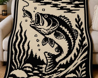 Patrón de crochet en PDF con mosaico de peces de río majestuosos / Manta de lubina / Regalo de pesca para papá / Decoración de cabaña / Descarga digital