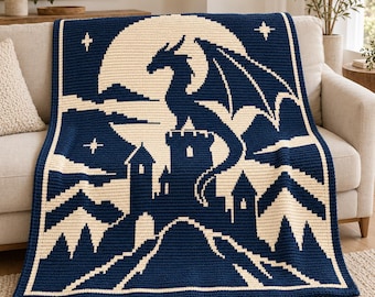 Patrón de ganchillo de mosaico superpuesto Castillo del Dragón, Manta de dragón de fantasía en PDF, Manta de ganchillo medieval