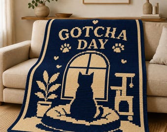 Patrón de manta de ganchillo para el Día de la Adopción de Gatos, mosaico de ganchillo superpuesto, manta con huellas de patas y corazones, patrón en PDF para amantes de los gatos