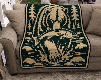 Patrón de oso grizzly a crochet, manta de crochet con mosaico superpuesto, patrón de manta afgana de vida silvestre con temática de pesca de salmón en PDF, decoración de cabaña de oso