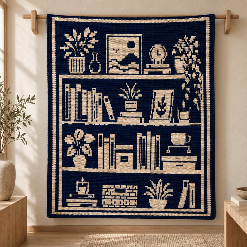 May include: A dark navy blue and cream crochet blanket featuring a bookshelf design. The pattern displays rows of books, potted plants, a framed picture, a clock, and a mug. The rectangular textile has a thick cream border and a pixelated aesthetic.