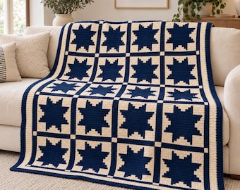 Patrón de manta de ganchillo con mosaico geométrico de estrellas superpuestas, manta moderna de dos colores en formato PDF.