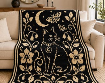 Patrón de manta de ganchillo con diseño de gato de Halloween, mosaico de ganchillo superpuesto, jardín gótico de gatos y luna, patrón de ganchillo mosaico en PDF