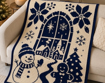 Patrón de manta de ganchillo con mosaico navideño superpuesto / Manta de invierno con muñeco de nieve y árbol de jengibre / Ganchillo navideño