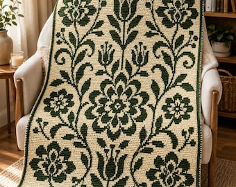 Patrón de ganchillo de mosaico superpuesto Nordic Bloom, patrón de manta floral, manta afgana de arte popular, manta escandinava, patrón de ganchillo de mosaico