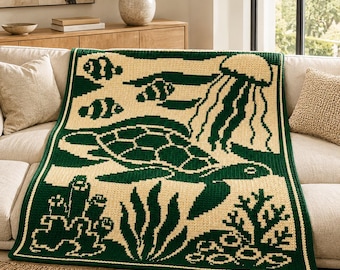 Patrón de manta de ganchillo de tortuga marina, mosaico de ganchillo superpuesto en PDF, manta afgana de tortuga oceánica, patrón de ganchillo costero de vida marina, diagrama y texto.