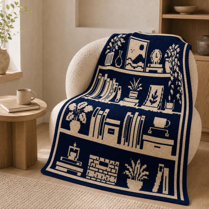 May include: A dark blue and cream crochet blanket featuring a repeating pattern of bookshelves filled with books, potted plants, a clock, a framed picture, and a mug. The design is rendered in a pixelated style with clean horizontal lines.