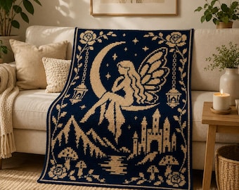 Patrón de ganchillo de mosaico superpuesto de hadas a la luz de la luna / Patrón de manta de hadas / Manta de ganchillo de fantasía / Gráfico de ganchillo de mosaico / Decoración cottagecore