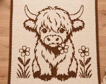 Patrón de manta de ganchillo con mosaico superpuesto de vaca de las Tierras Altas en formato PDF, patrón de manta de ganchillo para bebé, decoración de guardería estilo granja.