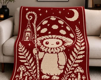 Patrón PDF de manta de ganchillo con mosaico superpuesto Mushroom Guy, manta Woodland Cottagecore, diagrama de ganchillo de dos colores, instrucciones escritas.