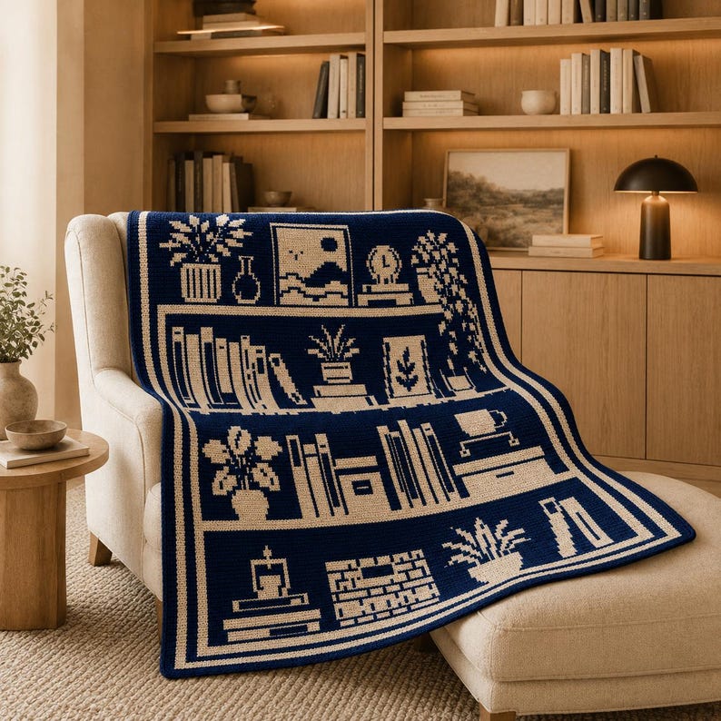 May include: A dark blue and cream knit throw blanket featuring a repeating pattern of bookshelves filled with various books, potted plants, a clock, and decorative items. The design is structured with horizontal shelves and a thick border.